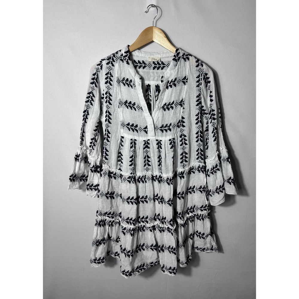Elan Dress Tunic Womens M White Cotton Embroidered Boho Tiered Bell Sleeve Mini